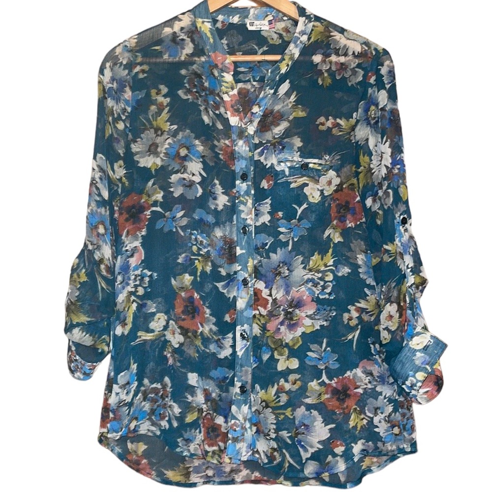 •KUT FROM THE KLOTH•TURQUOISE FLORAL SHEER BUTTON UP BLOUSE SIZE MEDIUM EUC